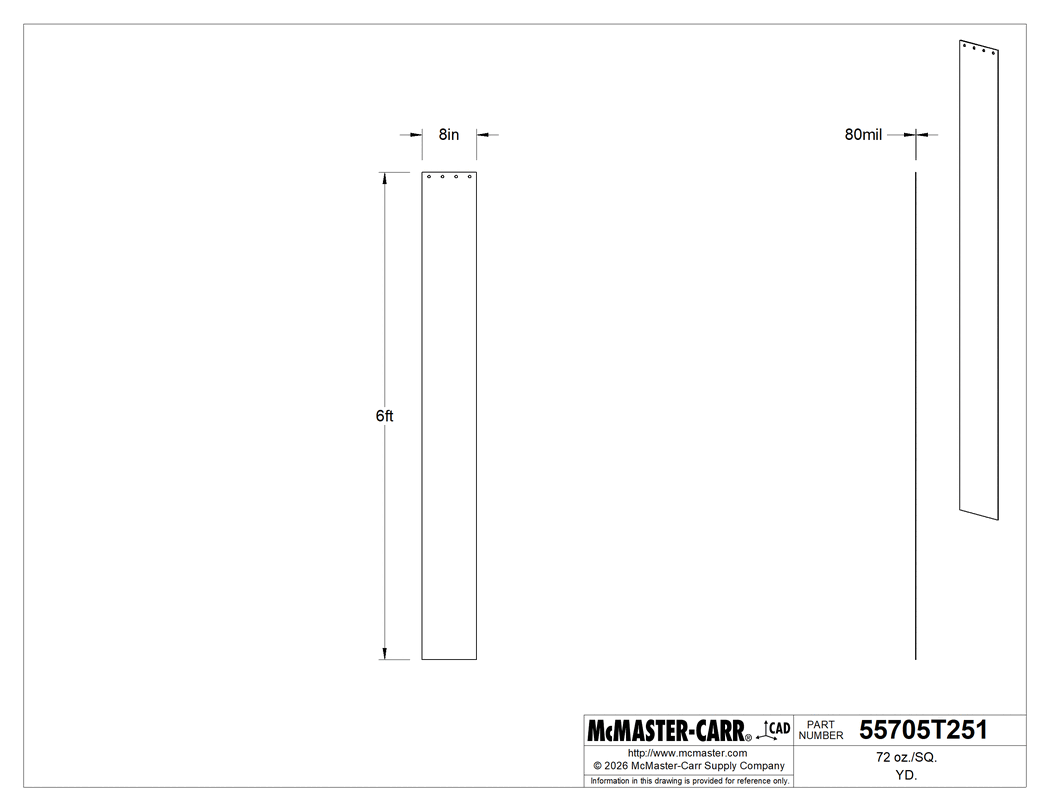 Technical Drawing of 72 oz./SQ. YD., 6 Feet High, Vinyl Strip for See-Through Welding Strip Curtain.